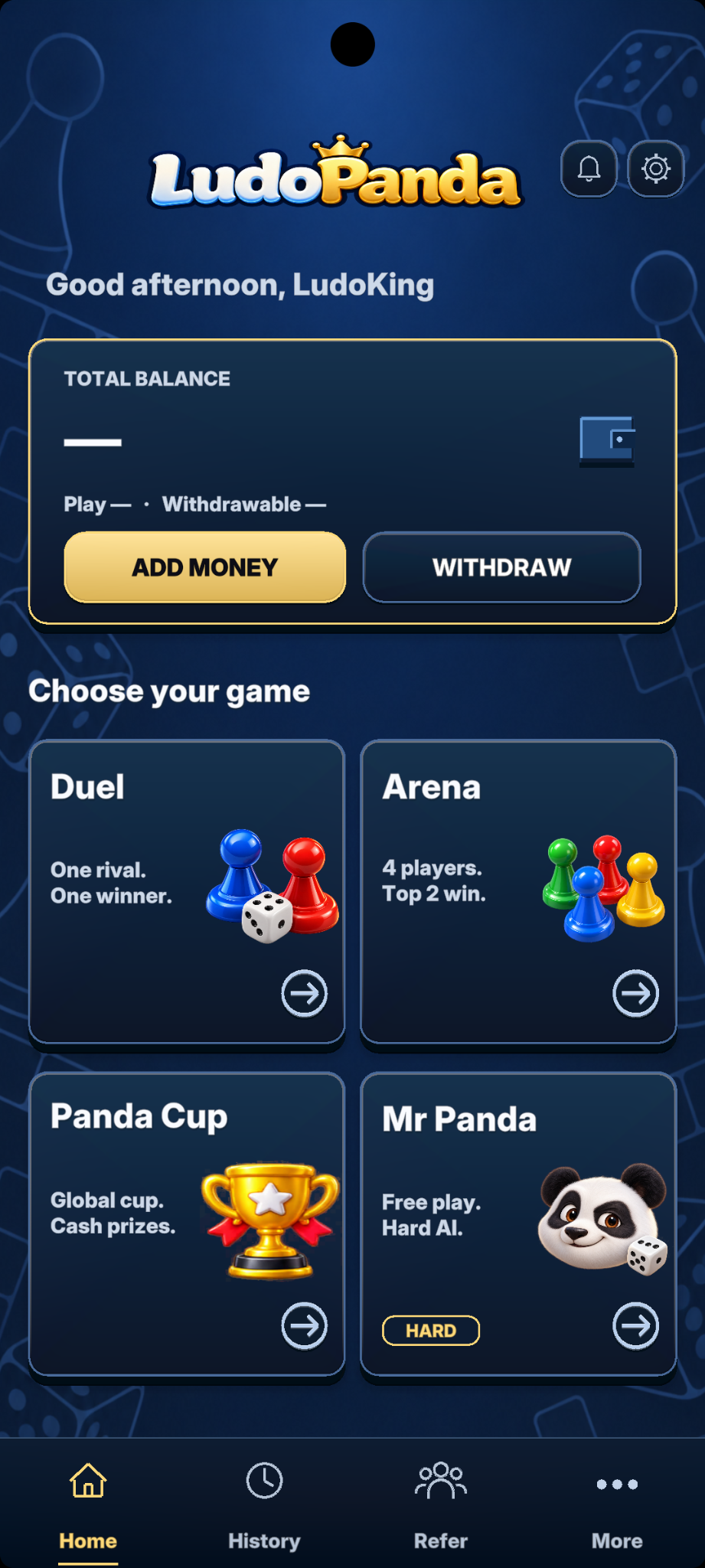 LudoPanda mobile game home screen with game modes